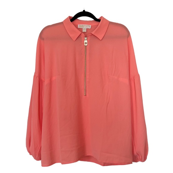 Michael Kors Grapefruit Pink Zip Front Collared Blouse Long Sleeve Top Size L - Picture 2 of 10